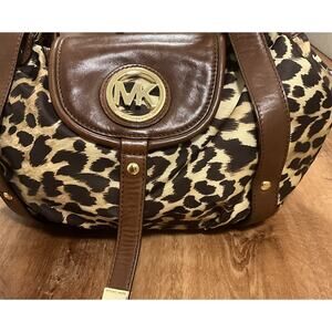 Michael Kors Brown Leopard Animal Print Leather Trim Studded Shoulder Bag